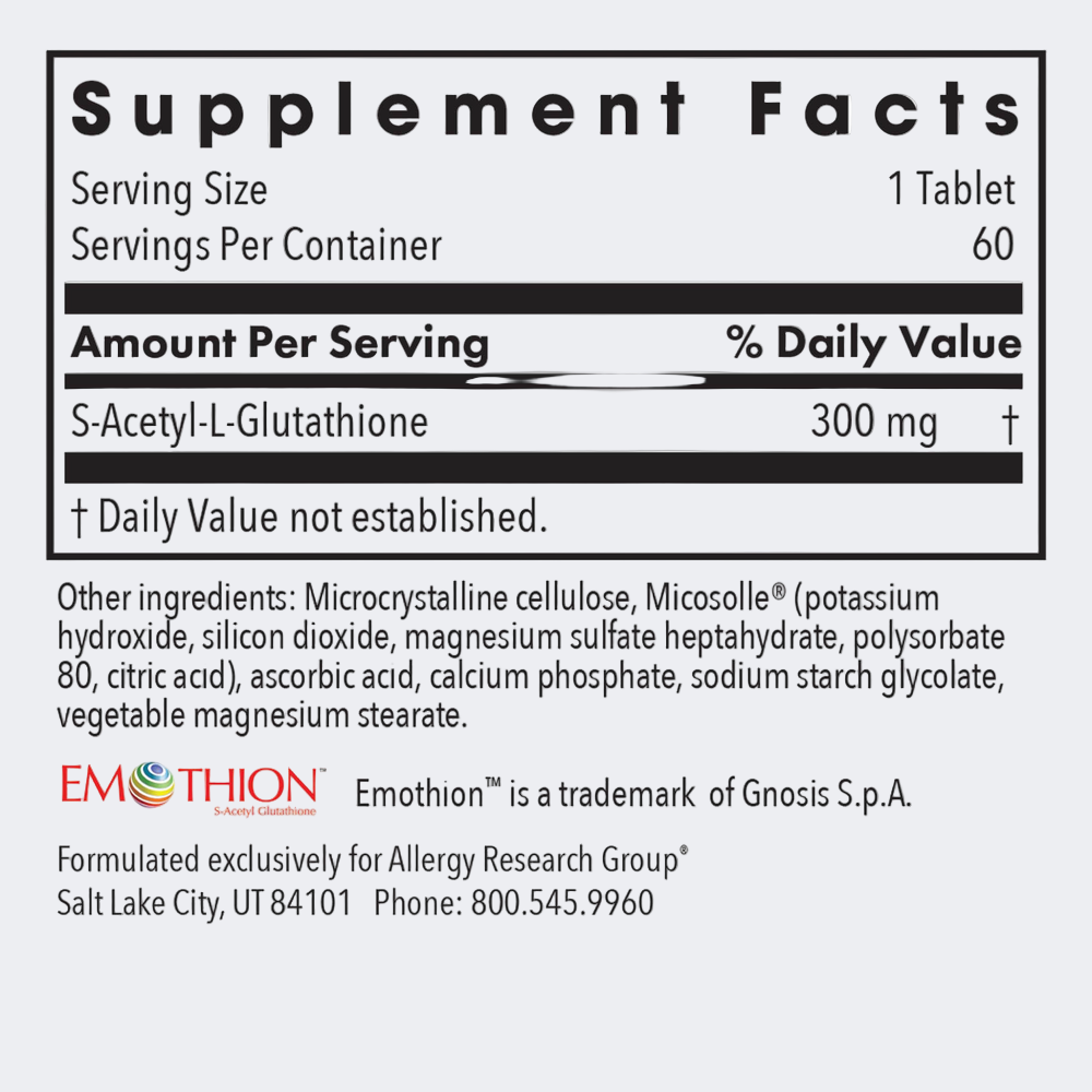 Supplement facts label for S-Acetyl-L-Glutathione with Emthion branding.