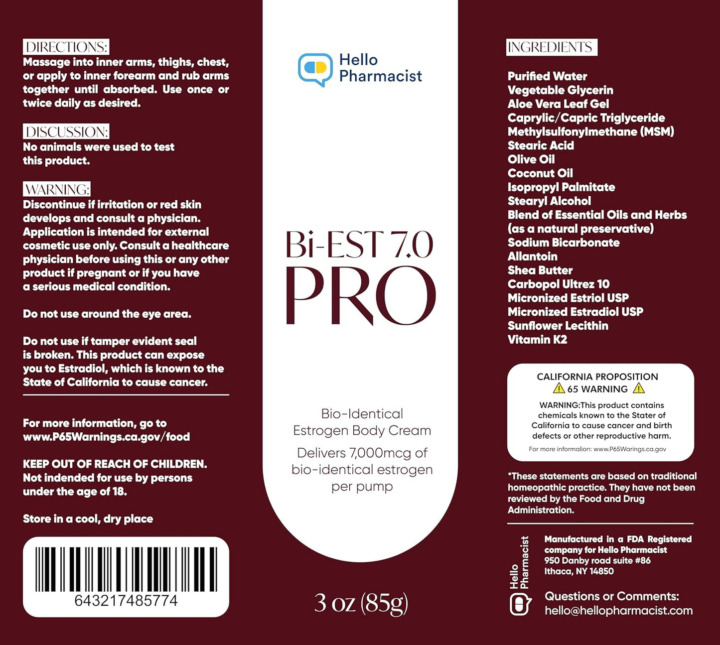 HelloPharmacist Bioidentical Bi-EST PRO 7.0 (Max Professional Strength 7mg Per Pump) Estrogen Cream for Women - Preserved with Essential Oils & Herbs - Additional Moisturizers - (3 oz/85g)