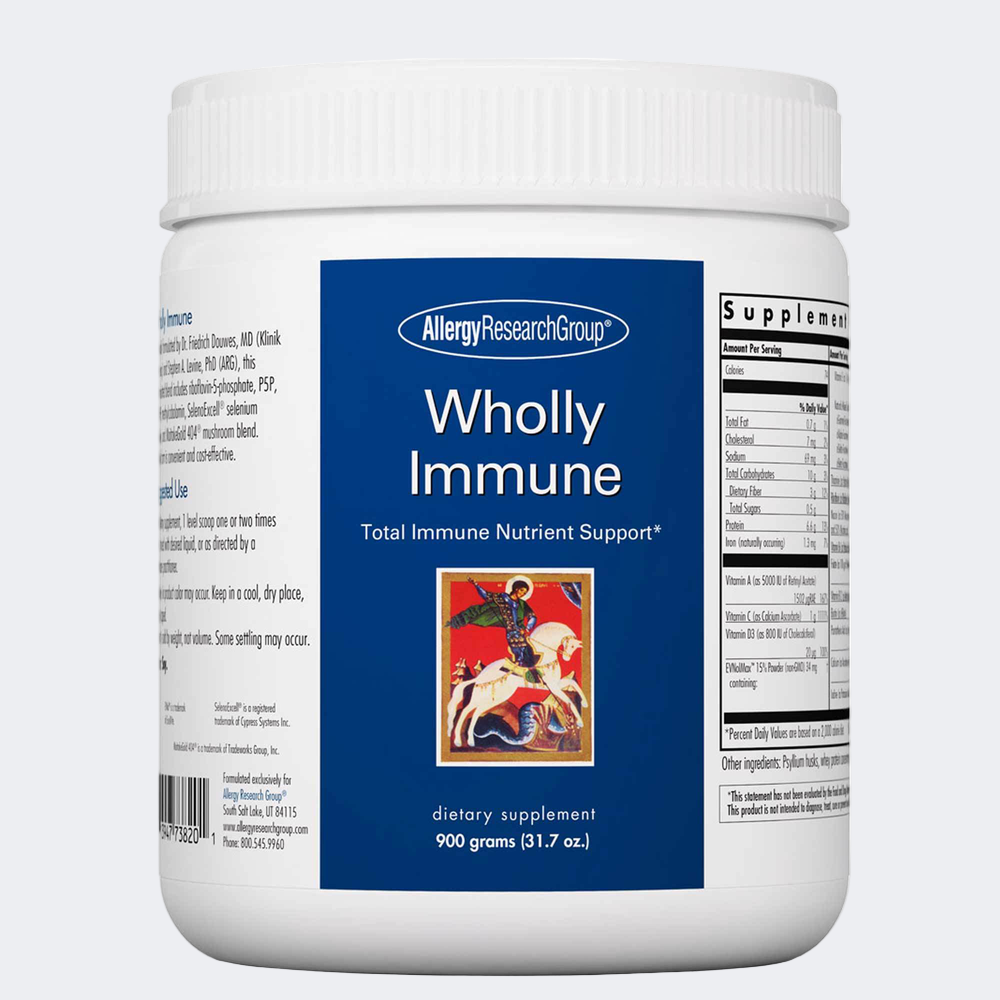 Supplement container labeled 'Wholly Immune' by Allergy Research Group on a white background