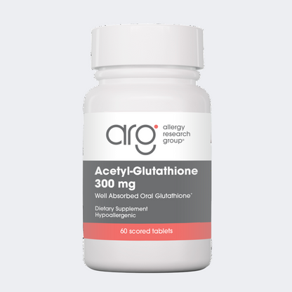 Supplement bottle labeled 'Acetyl-Glutathione 300 mg' by Allergy Research Group on a white background