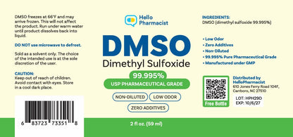 DMSO Liquid 99.995% USP Grade, Dimethyl Sulfoxide, 2 fl oz, High Purity & Undiluted - Made in The USA - HelloPharmacist