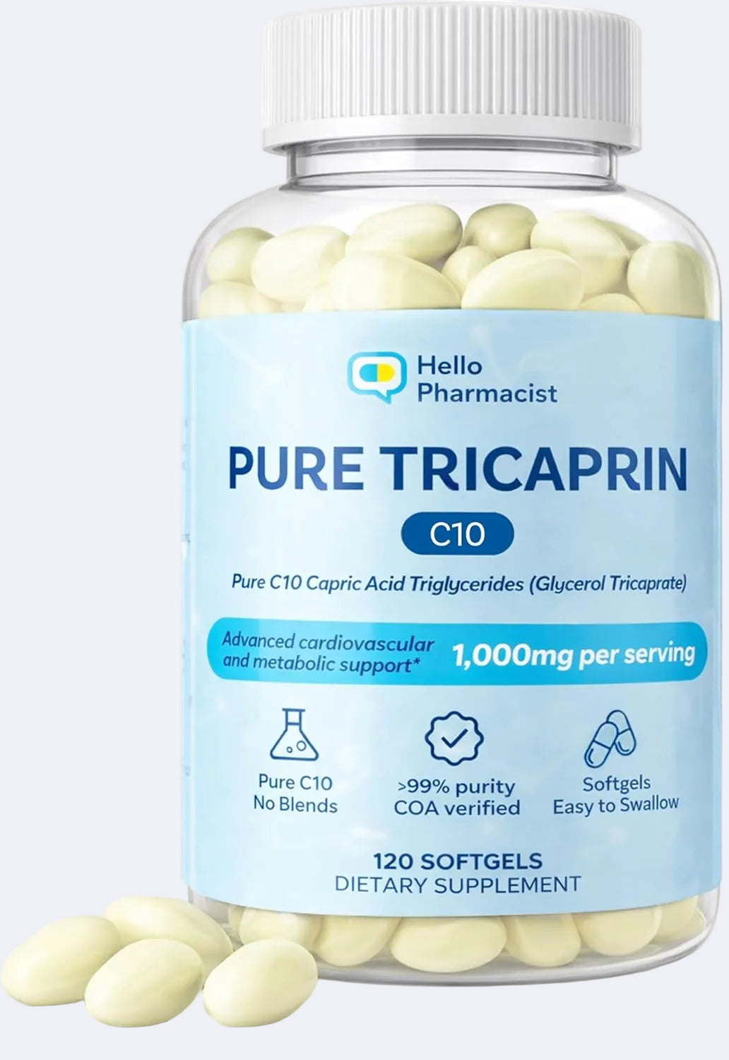 HelloPharmacist Pure Tricaprin C10 Softgels - 120 Count