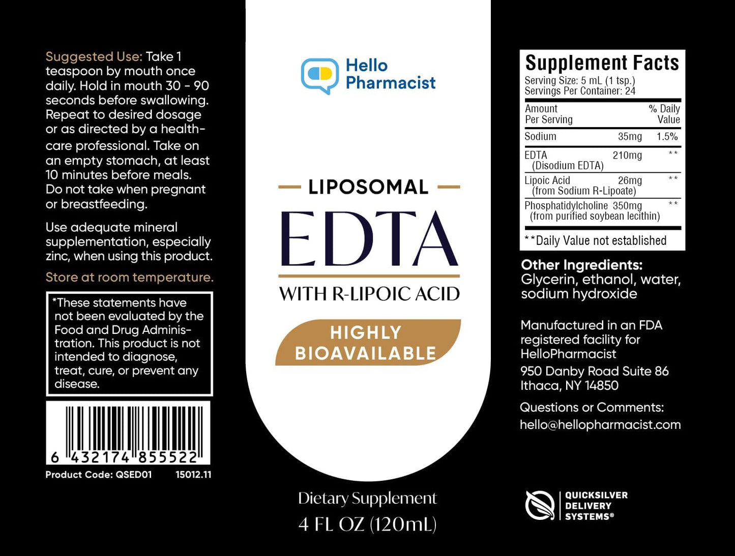 HelloPharmacist Liposomal EDTA with R-Lipoic Acid - 4 Oz Liquid - Quicksilver Delivery System Technology - Highly Bioavailable - 4 Oz (120mL)