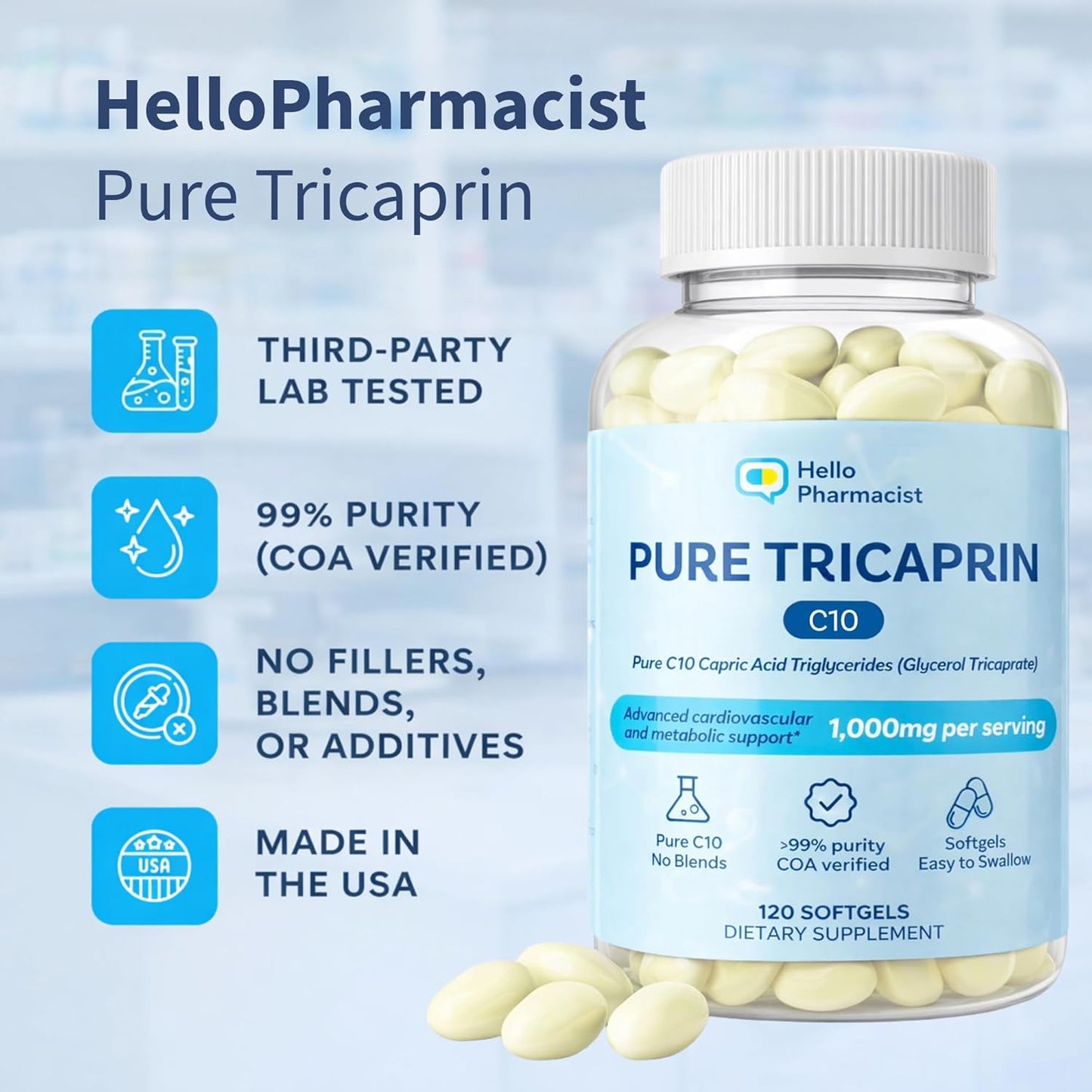 HelloPharmacist Pure Tricaprin C10 Softgels - 120 Count