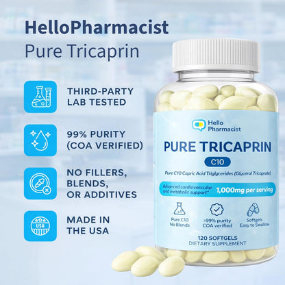 HelloPharmacist Pure Tricaprin C10 Softgels - 120 Count