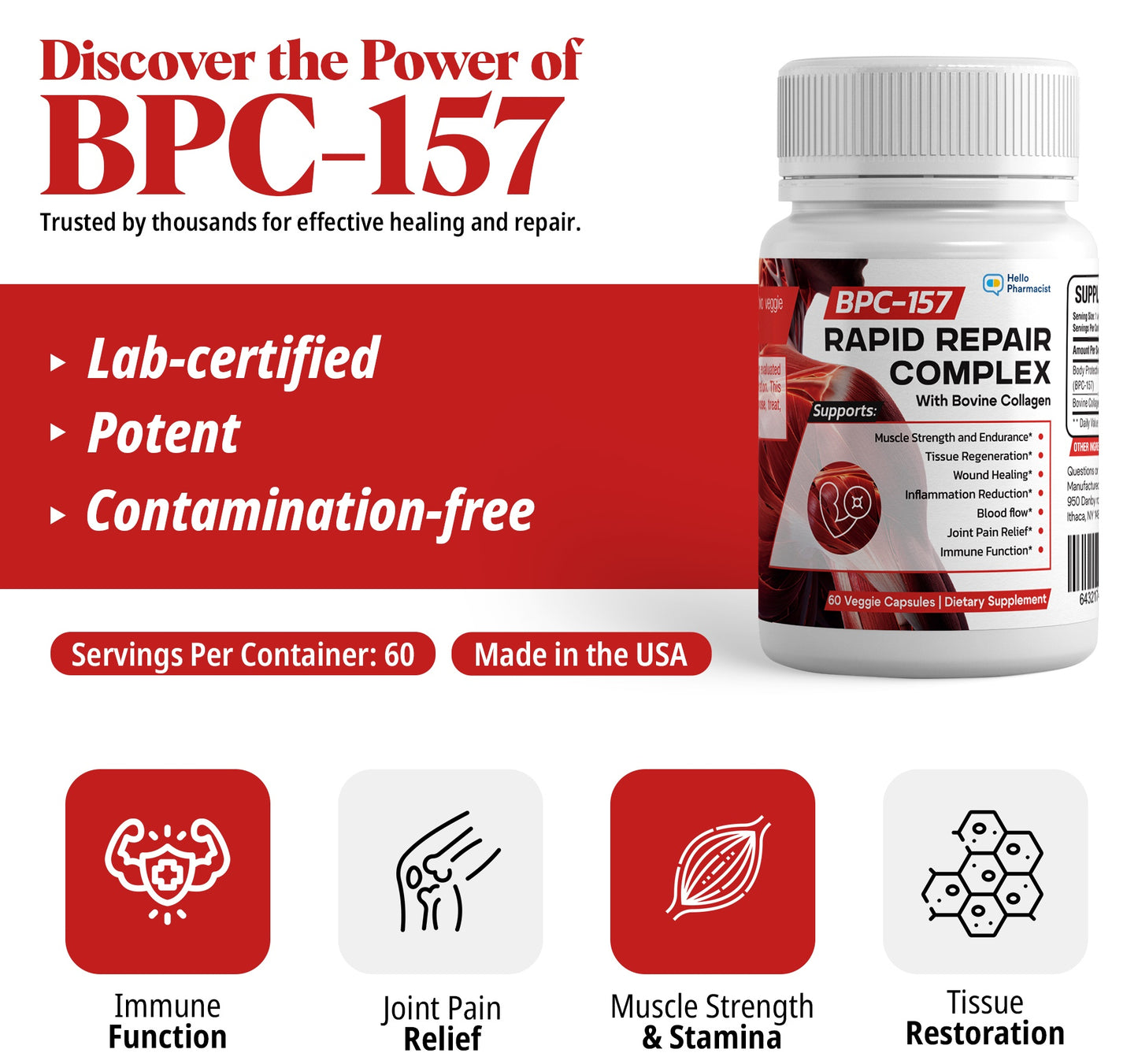 HelloPharmacist BPC 157 Peptide (Body Protective Compound 157) With Added Bovine Collagen - 60 Capsules - ISO Lab Certified