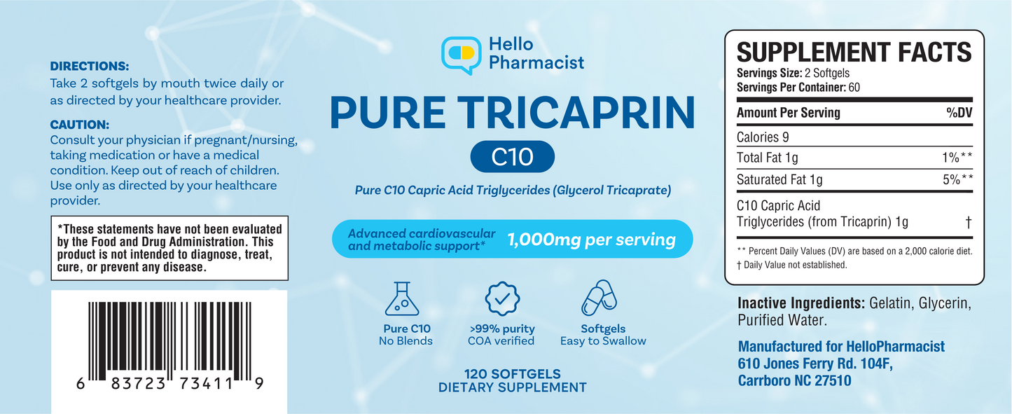 HelloPharmacist Pure Tricaprin C10 Softgels - 120 Count