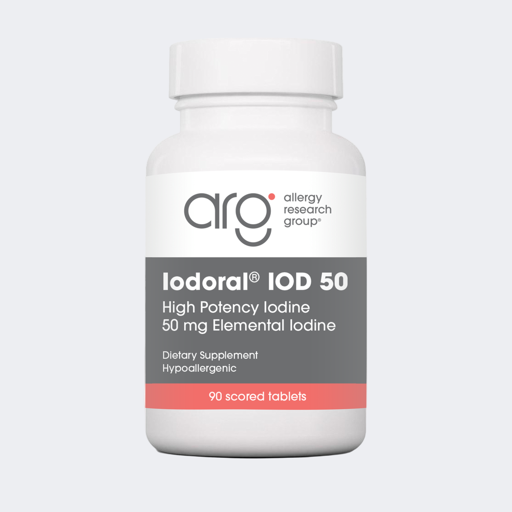 Bottle of Iodoral IOD 50 dietary supplement by Allergy Research Group on a white background