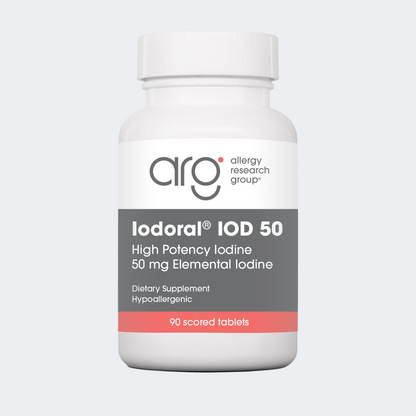 Bottle of Iodoral IOD 50 dietary supplement by Allergy Research Group on a white background