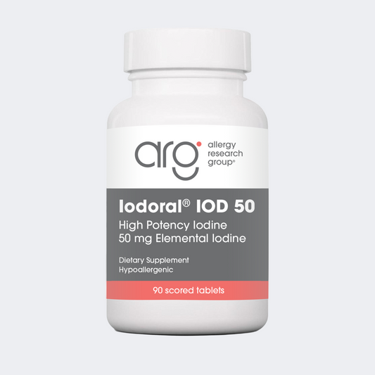 Bottle of Iodoral IOD 50 dietary supplement by Allergy Research Group on a white background