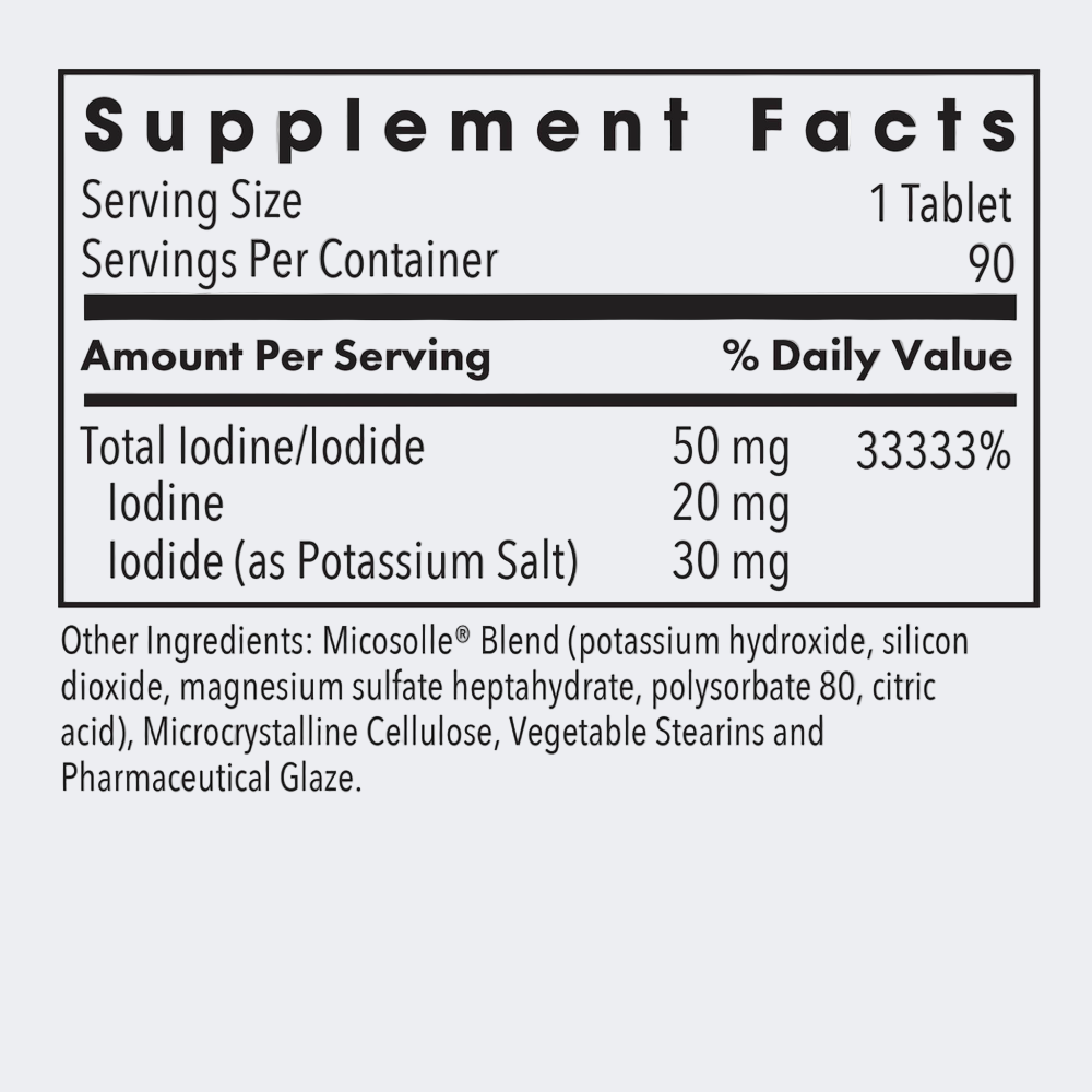Supplement facts label for a tablet with iodine content on a white background