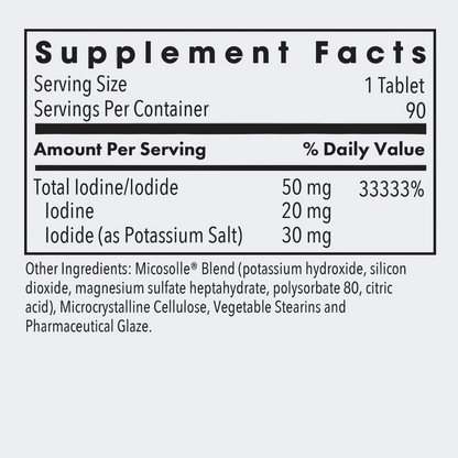 Supplement facts label for a tablet with iodine content on a white background