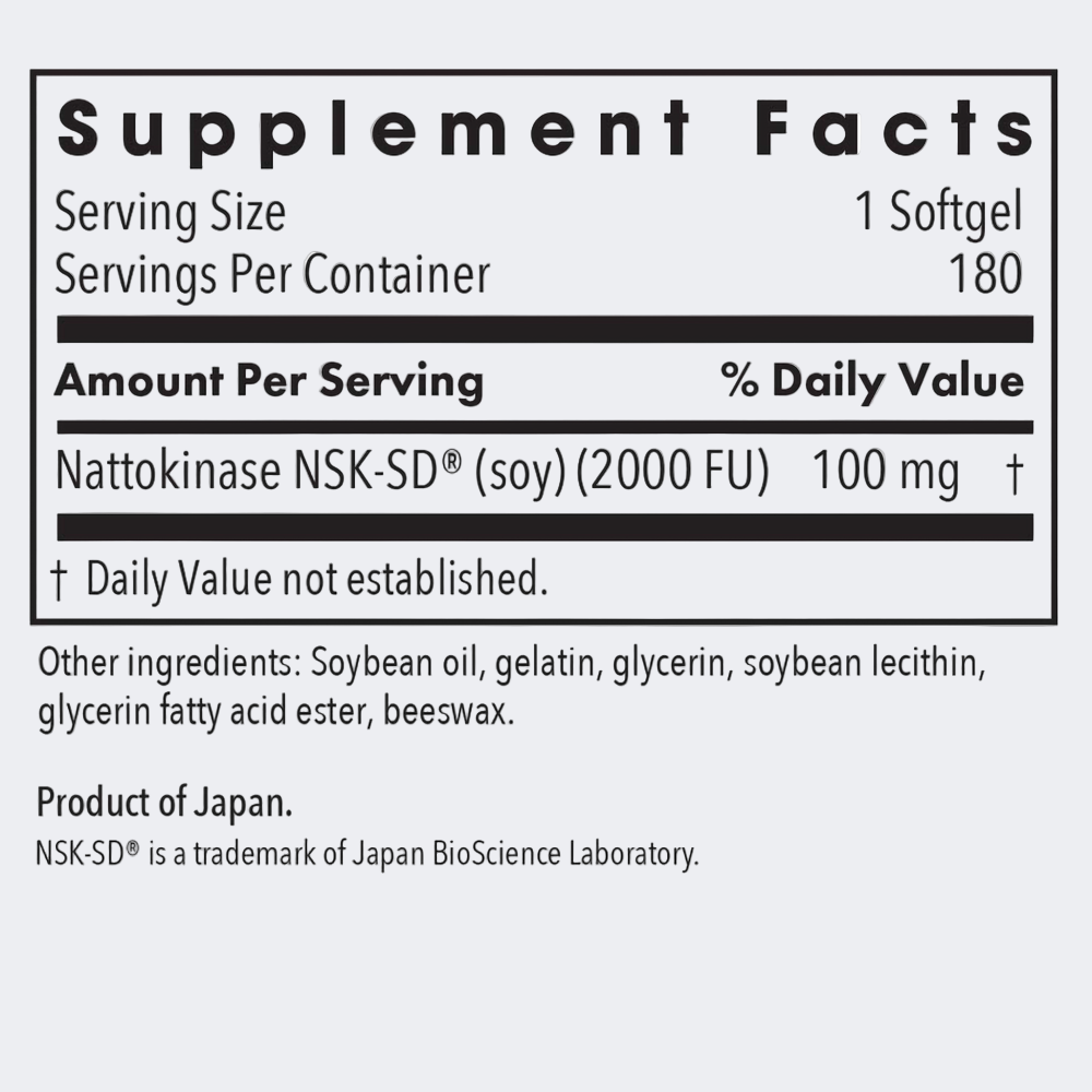 Supplement facts label for Nattokinase NSK-SD with serving size, servings per container, and ingredient list.