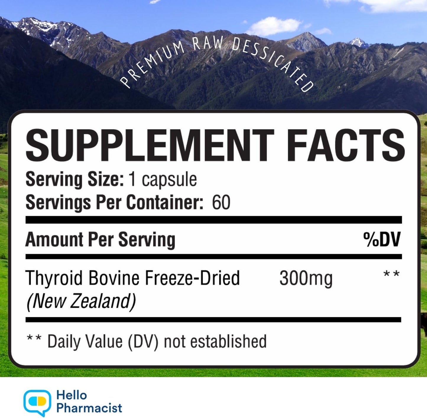 Raw Desiccated Bovine Thyroid 300mg Per Capsule - New Zealand Sourced, Grass Fed Freeze-Dried Glandular Bovine Thyroid, Non-GMO - 60 Capsules
