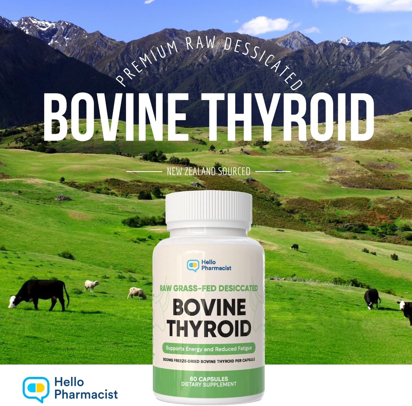 Raw Desiccated Bovine Thyroid 300mg Per Capsule - New Zealand Sourced, Grass Fed Freeze-Dried Glandular Bovine Thyroid, Non-GMO - 60 Capsules