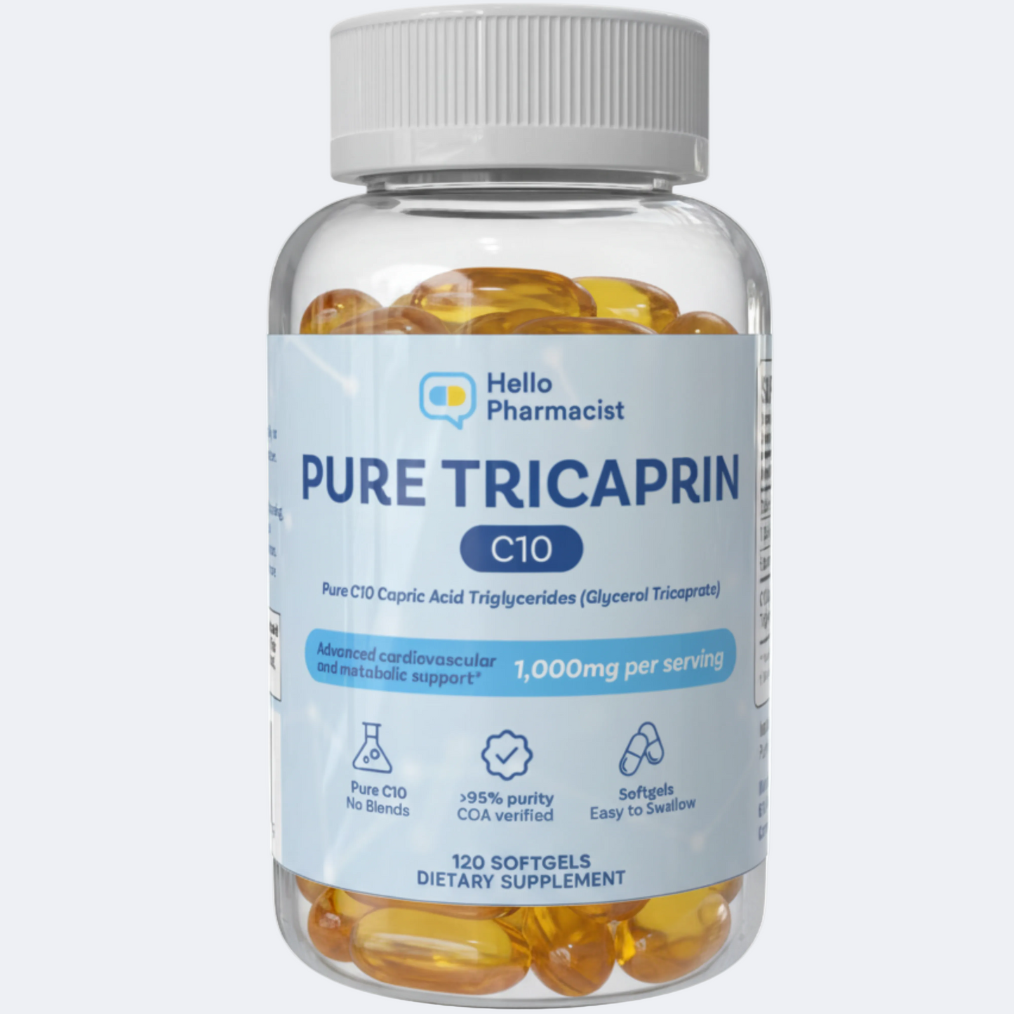 Bottle of Pure Tricaprin dietary supplement with a white cap on a white background