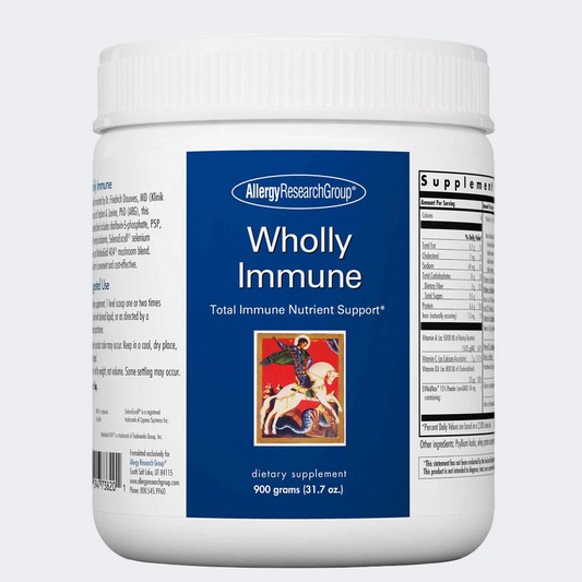 Supplement container labeled 'Wholly Immune' by Allergy Research Group on a white background
